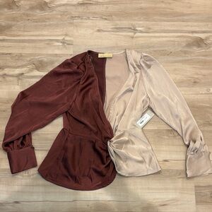 Elegant Women's Wrap Blouse in Burgundy and Beige